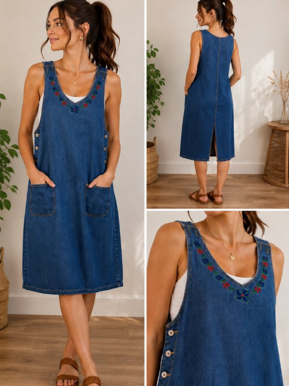 Vintage J.L. N.Y. Sport Denim Jean Jumper Dress Embroidered Floral Sleeveless L